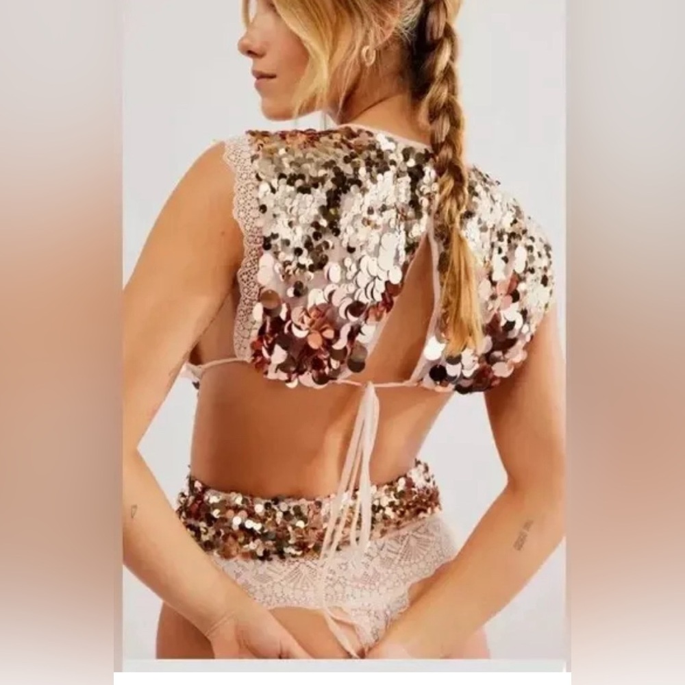 NWT Free People Bodysuit Rose Gold Intimately Sequin Open Back Size M